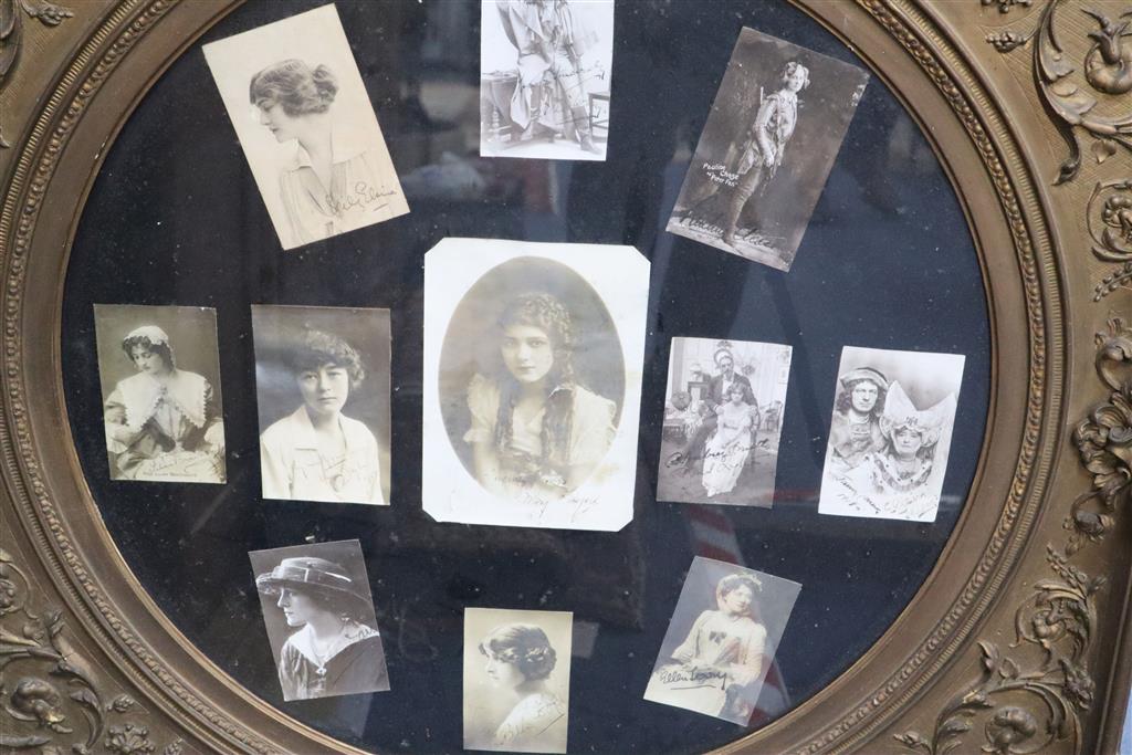 Eleven signed monochrome photographs of actors and actresses in Victorian gilt gesso frame to include Mary Pickford and Ellen Terry